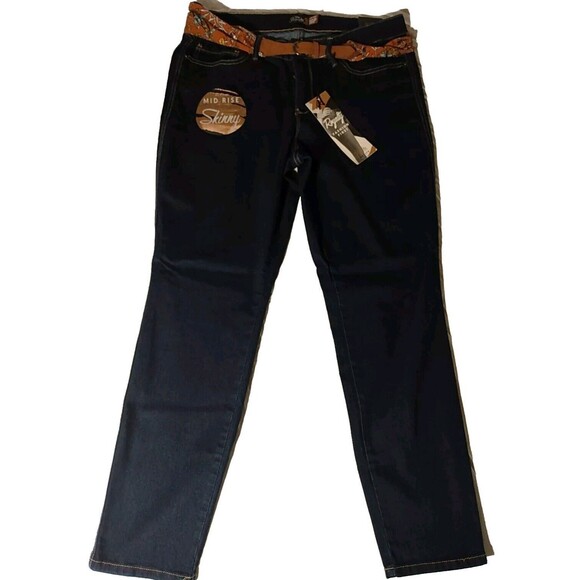 Royalty For Me Women Mid‎ Rise Skinny Dark Cloth Belt Denim Jeans Size 16P - Picture 1 of 8